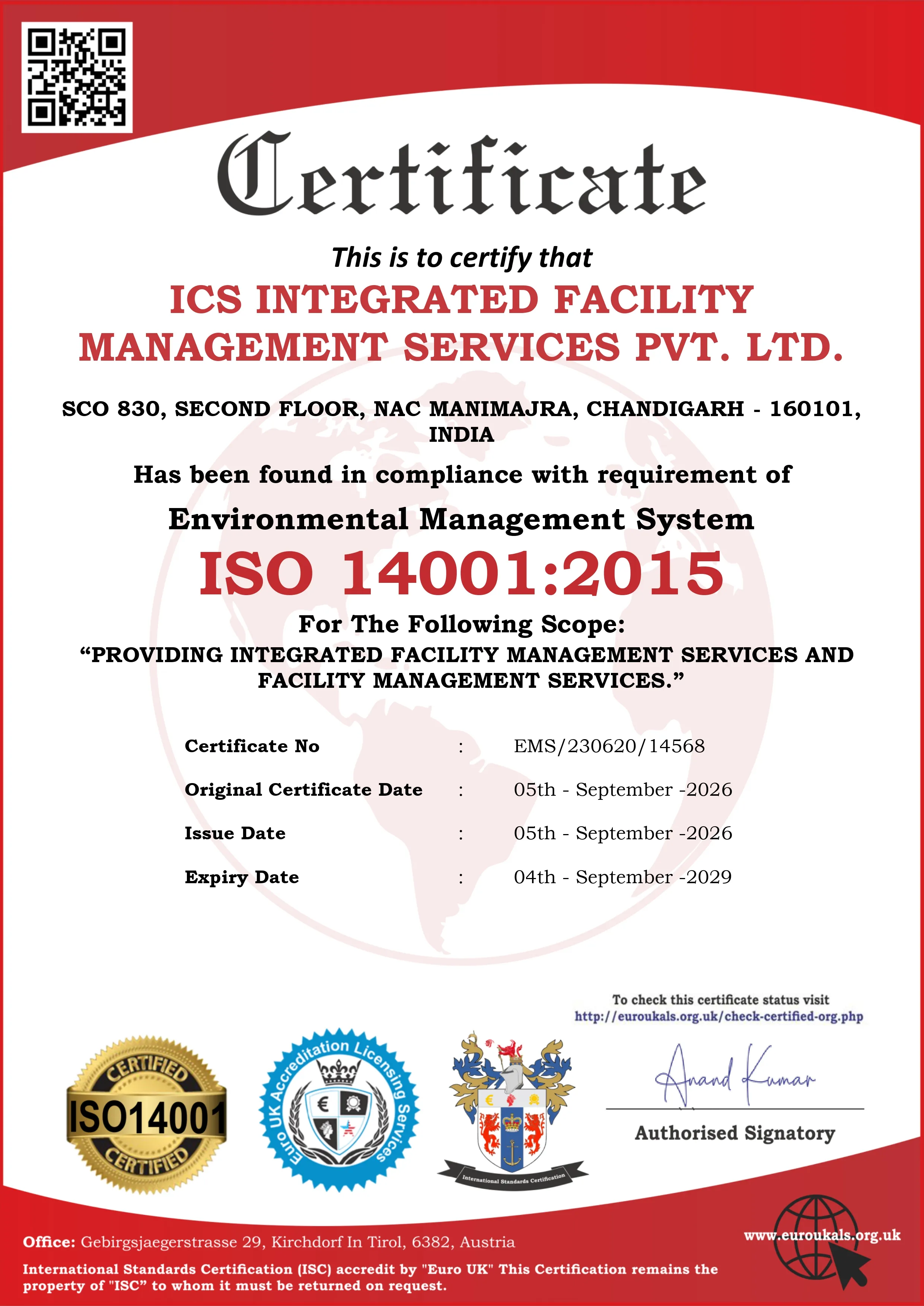 ICS ISO 14001 environmental management system certificate
